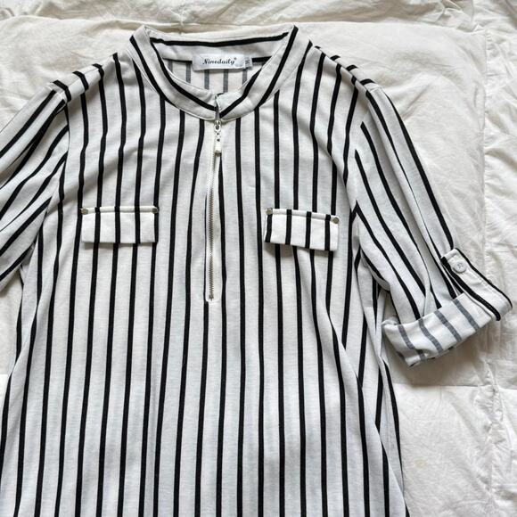 ninedaily Black white striped tunic sz med casual beachy coastal grandma emo - Picture 3 of 8